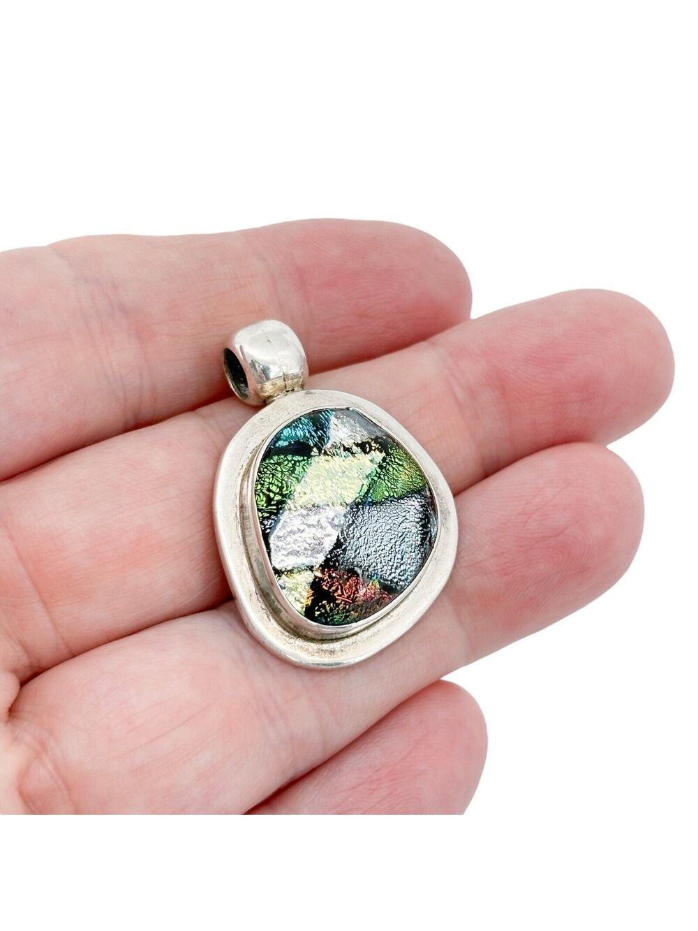 Vintage Mexico Sterling Silver 925 3.7cm Dichroic Glass Pendant